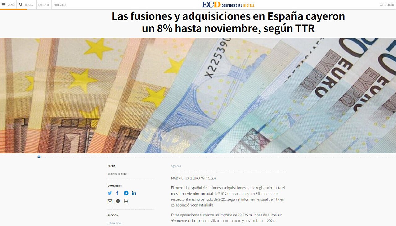 Las fusiones y adquisiciones en Espaa cayeron un 8% hasta noviembre, segn TTR